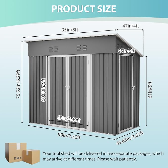 YOPTO 4x8 FT Outdoor Storage Shed,Slope Roof Storage Metal Garden Shed Steel with Reinforced Beams,All Weather Waterproof Garden Tool House W/Lockable Door & 4 Air Vents,for Backyard,Patio,Lawn,Grey - Image 2