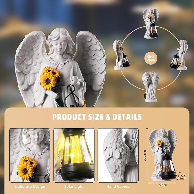 Sympathy Gifts for Loss of Loved One- 8.8" Resin Angel Figurines Holding Sunflowers Waterproof Angel Decor Cemetery Decorations for Grave-Grave Decorations for Cemetery