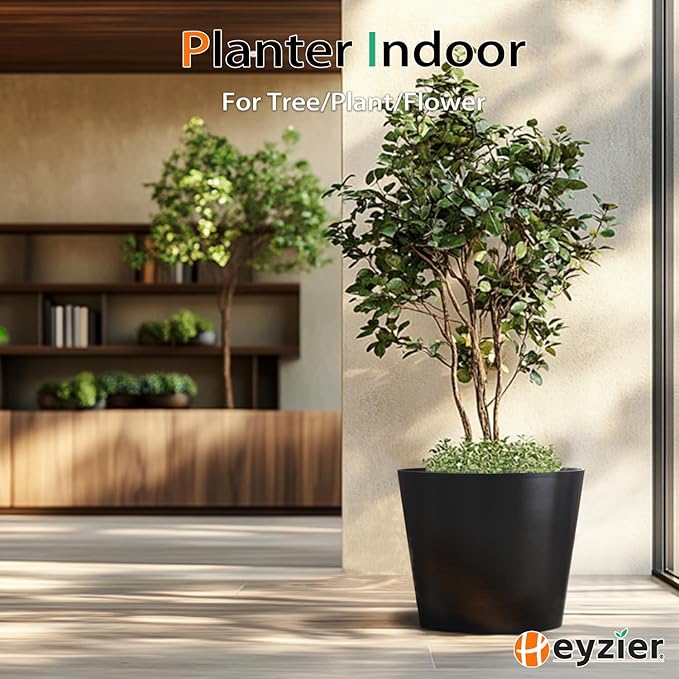 Wide Planters for Outdoor Plants, Extra Large Indoor Flower Pots for Garden, Front Porch, Patio - Round Resin Planter Set of 2 (Black, 16" D x 13" H)