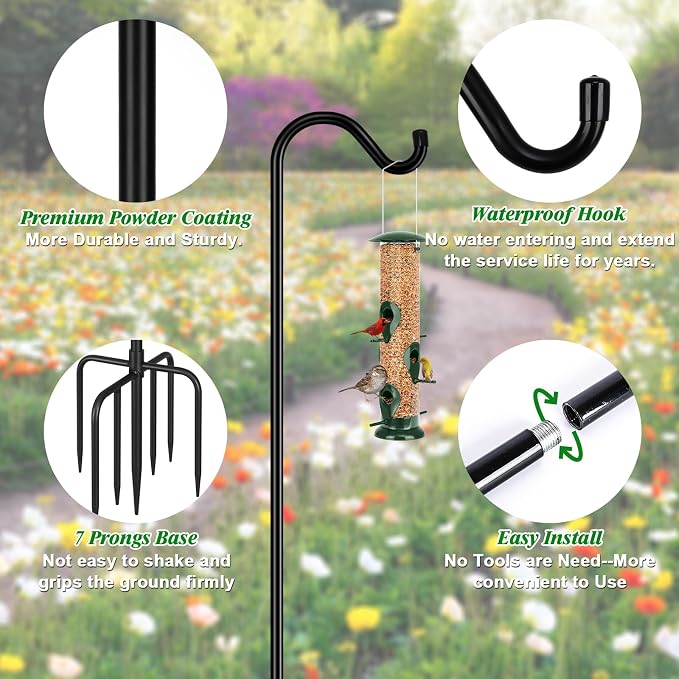 FEED GARDEN Adjustable Shepherd Hook Bird Feeder Pole with 7 Prongs Base, 108 Inch Tall 5/8 Inch Thick, Heavy Duty Outdoor Garden Poles for Hanging Bird Feeders, Plant Baskets, Black (1 Pack) - Image 3