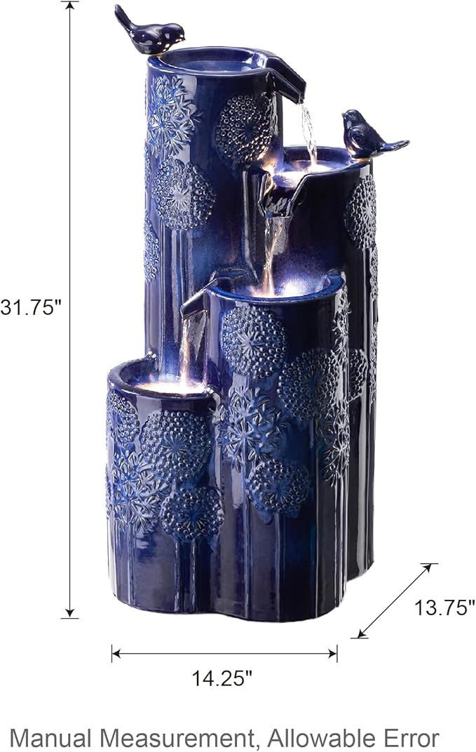 Glitzhome Water Fountain Outdoor with LED Lights, 4-Tier Vase Shaped Ceramic Outdoor Fountain, Dandelion Glaze Water Fountains Feature for Garden Backyard Patio, Cobalt Blue, 31.7”H