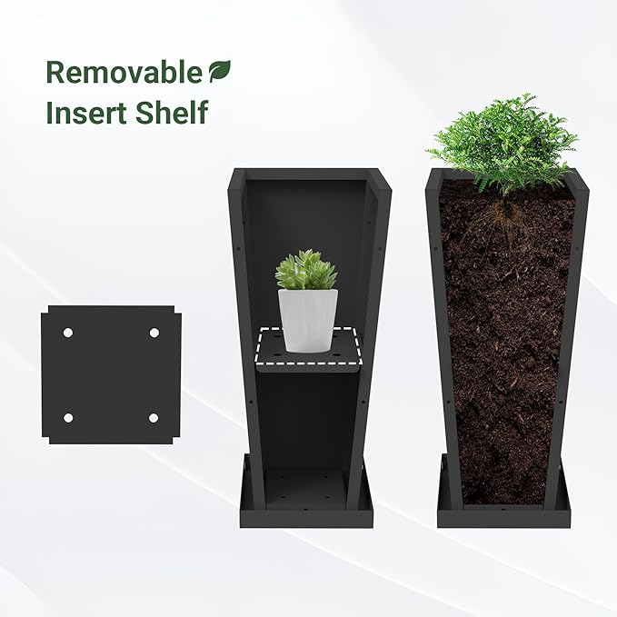 24 inch Metal Tall Planters Set of 2, Durable Taper Planter with Drainage Holes & Insert Shelves & Trays for Outdoor Indoor Garden Patio Front Door