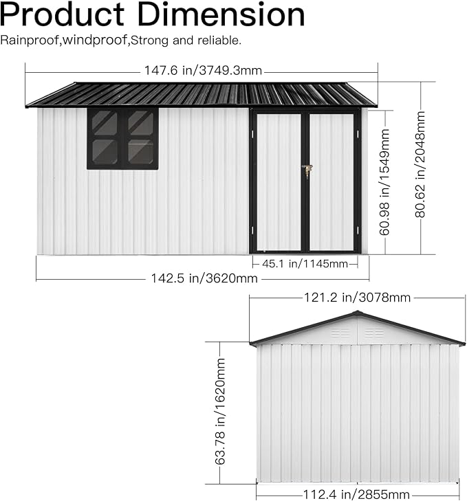 10x12 FT Outdoor Storage Shed, Large Metal Garden Shed with 4-pane Window, Outside Tool Shed with Lockable Hinged Door & 4 Air Vents, Waterproof Storage Building for Backyard, Patio, Lawn, White+Black - Image 5