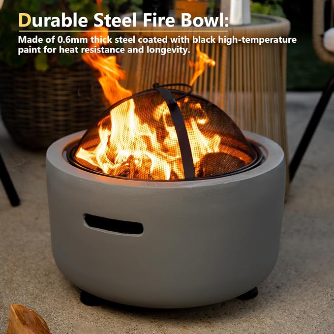 Barton 18" Round Concrete Charcoal Wood Burning Fire Pit, Magnesium Oxide Spark Screen, Fireplace Poker, Grate, BBQ Grill Firepit Charcoal Grill - Image 4