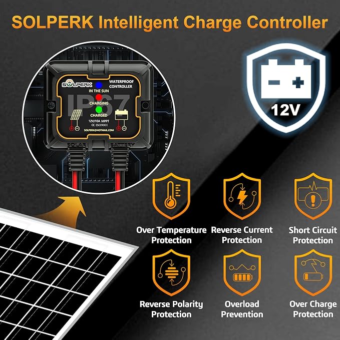 SOLPERK Solar Panel Kit 10W 12V, Waterproof Solar Battery Trickle Charger Maintainer + Smart MPPT Controller + Adjustable Mount Bracket for Boat Car RV Motorcycle Marine Automotive - Image 3