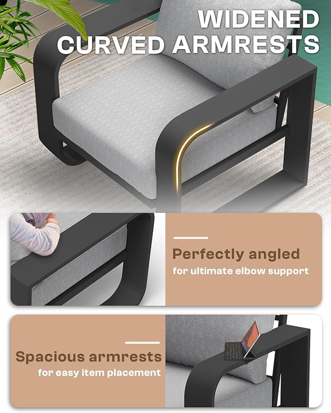 Aluminum Outdoor Patio Furniture Set, 5 Piece Oversized Patio Conversation Sets Widened Armrest & Ultra-Thick Cushions, Heavy Duty Modern Sectional Furniture for Backyard, Porch, Gray