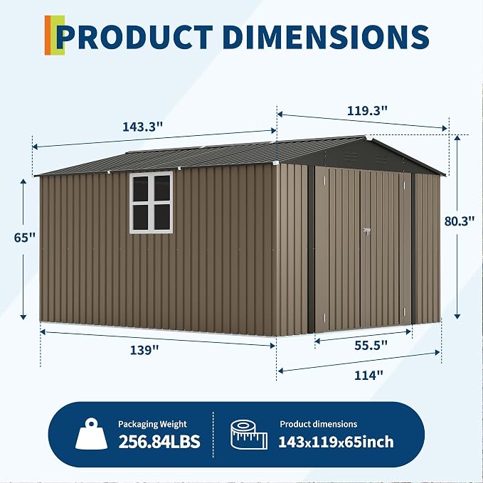 10X12 FT Storage Shed，Lockable Gable Roof Garden Shed with Grid Window, All-Weather Resistant Storage Unit for Bikes, Ladders, Patio Supplies & Garden Essentials - Image 2
