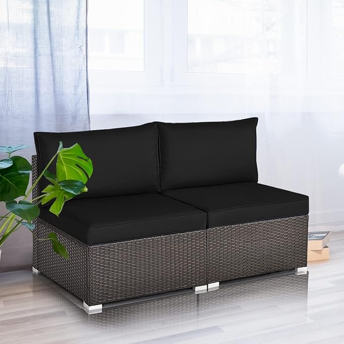 Tangkula 2 PCS Outdoor Wicker Armless Sofa, Patio Rattan Sectional Sofa Set w/2 Thick Seat Cushions and 2 Back Cushions, Additional Seats for Balcony Garden Patio Poolside (Brown)