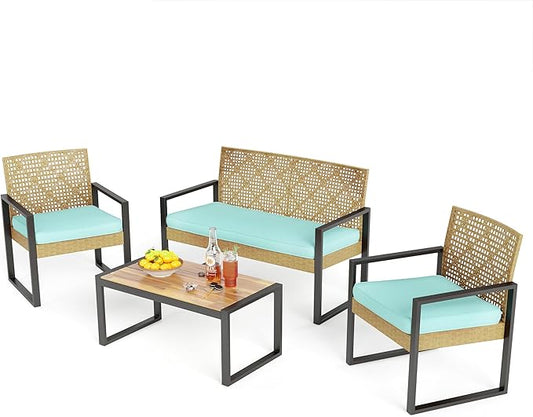 PHI VILLA Patio Wicker Furniture Set for 4, Yellow Rattan Loveseat & Chairs with Cyan Cushions & Acacia Wood Coffee Table, Outdoor Modern Conversation Sofa Set for Deck, Yard, Porch