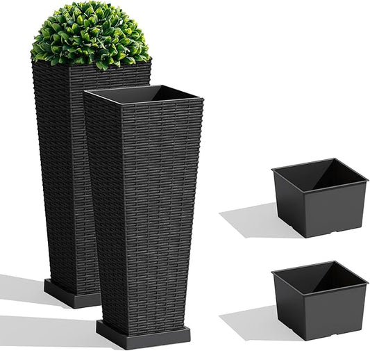 JUMMICO Set of 2 Resin Rattan Tall Planters for Outdoor Plants, Large Tapered Planters with Drainage Holes, Inner Trays and Outer Saucers, Flower Pots for Garden, Patio, Porch, Backyard (Black, 24")