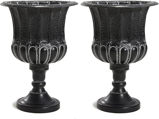 Worth Garden 25" H. Metal Urn Planters 2-Pack - Black Traditional Classic Iron Plant Pots - Large Decorative Rustic Flower Container for Patio, Front Porch, Outdoor Use