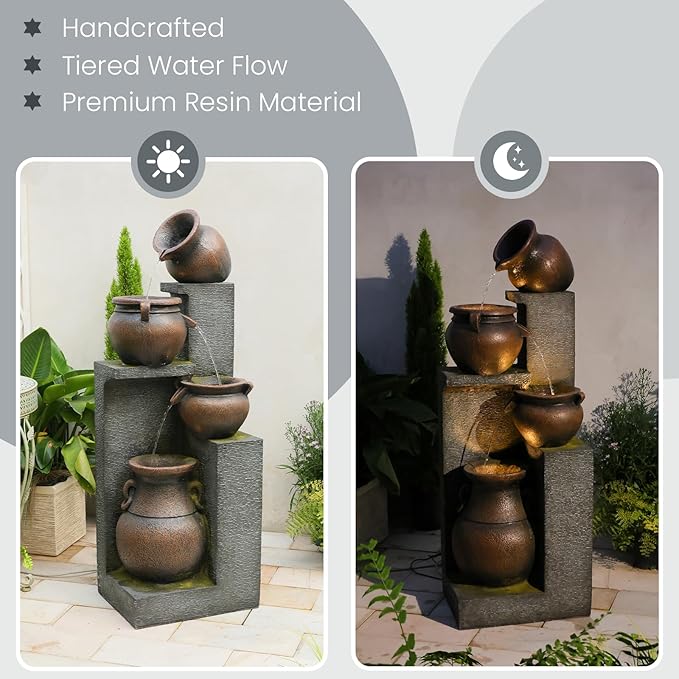Resin Outdoor Water Fountain 4-Tier Jar Waterfall - Quiet Pump, LED Lights, Rustic Jar Cascading Water Feature for Garden Patio Backyard Decor, 53" H Fountain, Grey