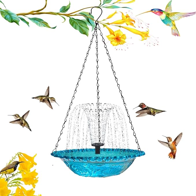 Solar Cascade Hanging Bird Bath Fountain, Outdoor Hanging Bird Bath with Solar Fountain, Large Humming Birds Baths Fountains, with Solars Pump & Glass Bowl, for Outdoor, Gardens (1pc)