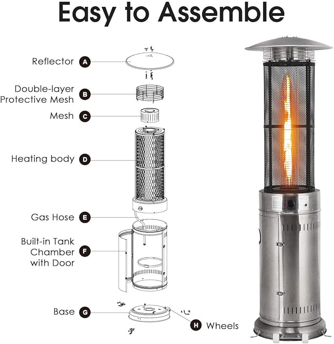 Happygrill Patio Heater, Outdoor Round Space Heater with Adjustable Heat, Wheels & True Flame, 40000 BTU Stainless Steel Patio Propane Heater Freestanding for Outdoor Use Garden Balcony BBQ Party