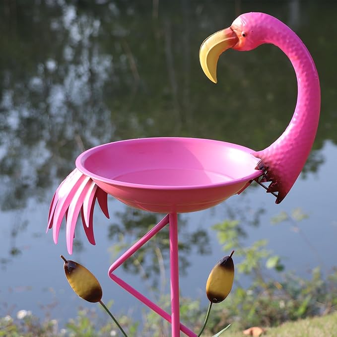 12.2”D * 45.3”H Flamingo Bird Bath, Metal Bird Baths for Outdoor, Bird Feeder with 5 Prongs Stake for Outside Garden Yard Decor
