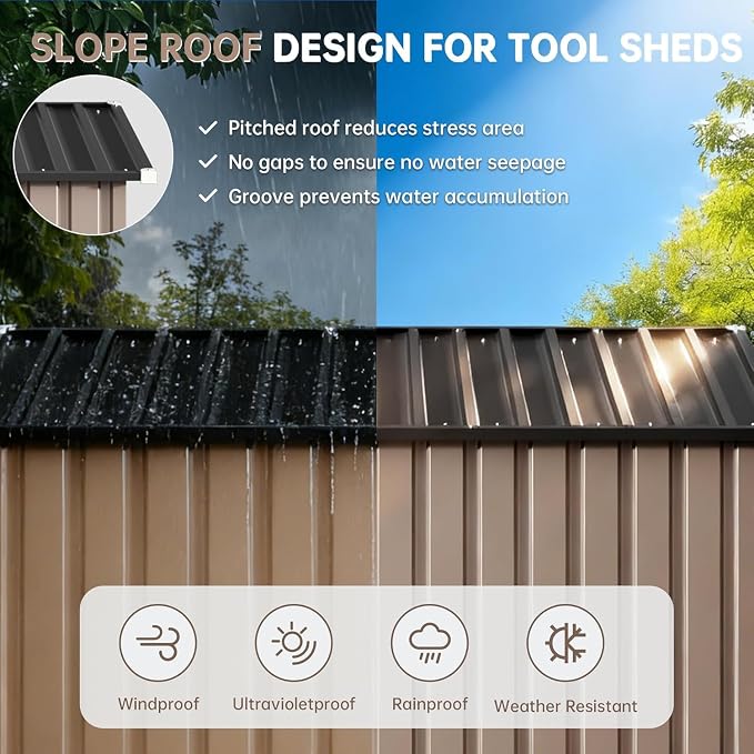 5x2.5 FT Vertical Metal Storage Shed, Lockable Outdoor Garden Tool Shed with Sloped Roof, Heavy-Duty Steel Utility Shed for Patio Backyard, Brown - Image 3
