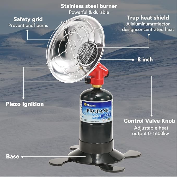 Propane Heater for Outdoor, 6500 BTU Portable Heaters for camping with Piezo Ingnition, Small Propane Heater with Gas Tank Holder Rapid Heating For Tent, Patio, Ice Fishing, Hunting