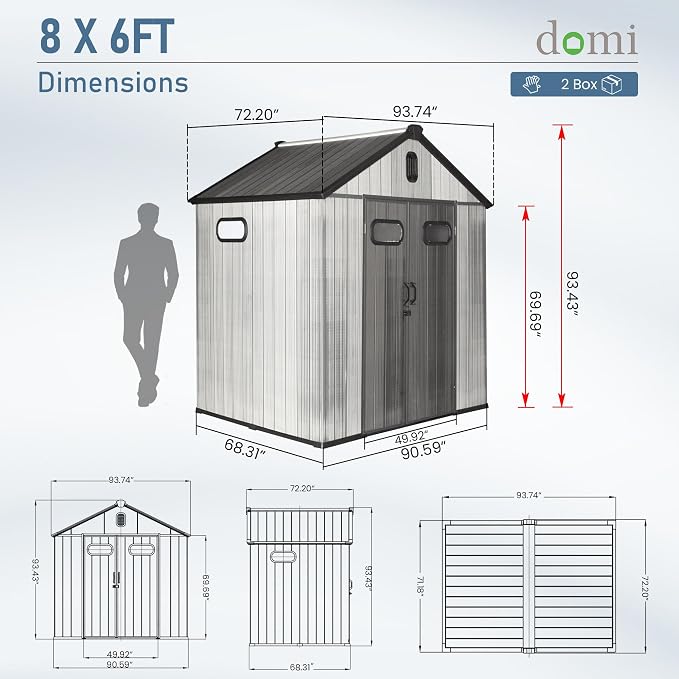 Domi 8x6 FT Outdoor Resin Storage Shed, All-Weather Double-Wall Storage Building for Backyard, Garden, Lawn Tools, Mower, Bike & Pool Equipment, Lockable Doors, Ventilated Roof, Grey - Image 2
