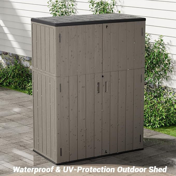 KINYING Outdoor Storage Cabinet Waterproof, 57 Cu.ft Resin Vertical Outdoor Storage Shed for Patio Furniture, Garden Tools, Pool Accessories, Mower Storage (Brown) - Image 7