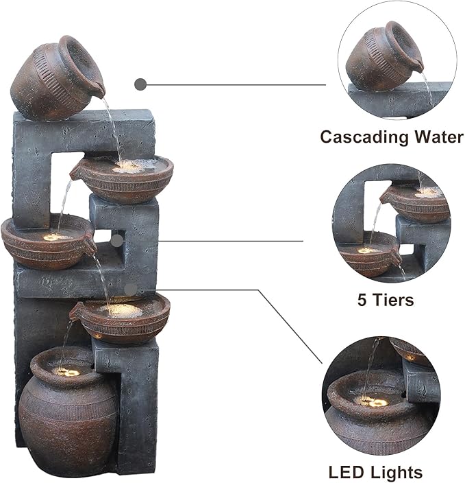 33.8" H Water Fountain Outdoor with LED Lights & Pump, 5-Tier Cascading Outdoor Fountain for Garden,Patio,Porch,Backyard,Home Art Decor (Brown)