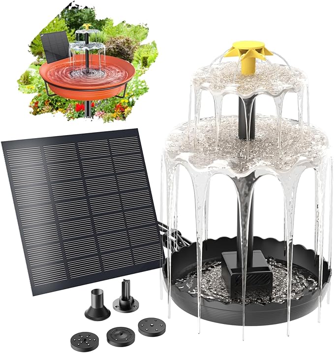 Bird Bath Solar Fountain Pump, Water Pump Set Solar Powered Waterfall Featur, DIY Solar Fountain Detachable and Suitable for Birdbath Garden Decoration Outdoor Bird Feeder (3-Tier)