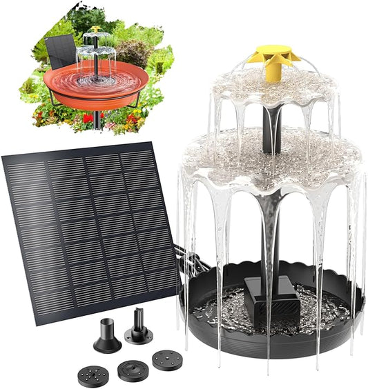 Bird Bath Solar Fountain Pump, Water Pump Set Solar Powered Waterfall Featur, DIY Solar Fountain Detachable and Suitable for Birdbath Garden Decoration Outdoor Bird Feeder (3-Tier)