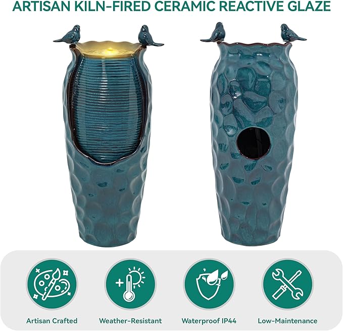 32.5" H Ceramic Jar Outdoor Fountain, Honeycomb Pot Water Feature with LED Lights, Soothing Trickling Waterfall for Garden, Patio, Yard, Balcony Oasis, KD Vivid Birds, Turquoise Glaze