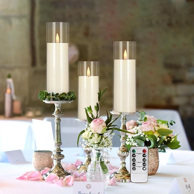 Flickering Flameless Candles Battery Operated with Remote and 2/4/6/8 H Timer Plexiglass Led Pillar Candles with Realistic Moving Wick Candles for Home Decor Pack of 48(D2.2"xH 5"6"7")(Ivory)