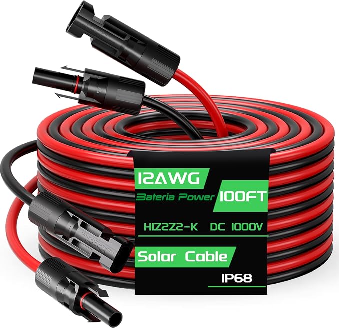100FT 12AWG Solar Panel Extension Cable, Bateria Power 12 Gauge 4mm² PV Wire with Female & Male Waterproof Connectors for RV, Photovoltaic Systems, Set of 2 by BateriaPower