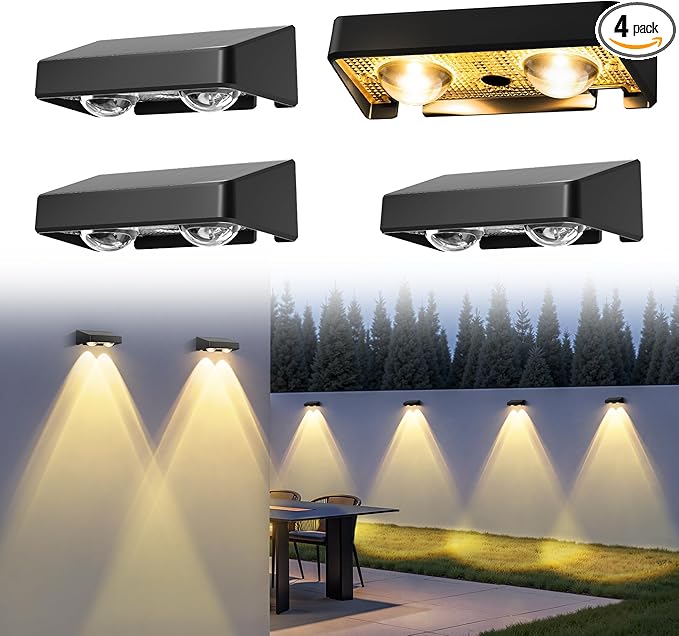 Solar Fence Lights Outdoor,50 LM 11 Modes & 9 Colors Solar Lights with Brighter LED Focus Lens Waterproof IP65 for Wall Backyard Deck Patio Porch Step Railings Pool Decor???4 Pack???