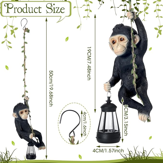 Solar Light Outdoor Monkey Statues Black 13.78 Inch Resin Chimpanzee Baby Monkey Climbing on Vine with LED Lantern Waterproof Hanging Figurine with Hook for Yard Garden Wall