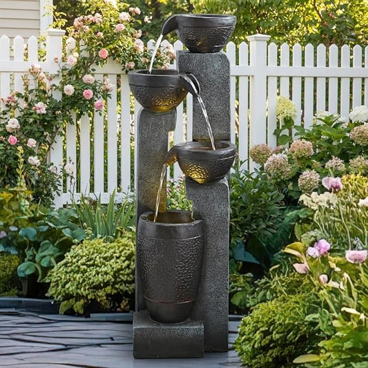 40" Inch Water Fountain Outdoor&Indoor 4-Tiers Large Outdoor Patio Decor Gray Garden Water Fountain for Outside Waterfall with LED Light&Pump Resin Modern Floor-Standing Water Feature Outdoor