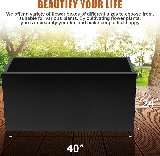 40"x16"x24" Steel Planter Box, Heavy Duty Galvanized Metal Planter with Drainage Hole, Rust-Resistant Indoor & Outdoor Planter for Patio, Balcony, Garden Black