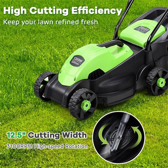 13-Inch Electric Lawn Mower 8 Gal Grass Collection Box 3 Adjustable Cutting Heights Lightweight 15.5LBS Push Mower for Garden (Green) - Image 6