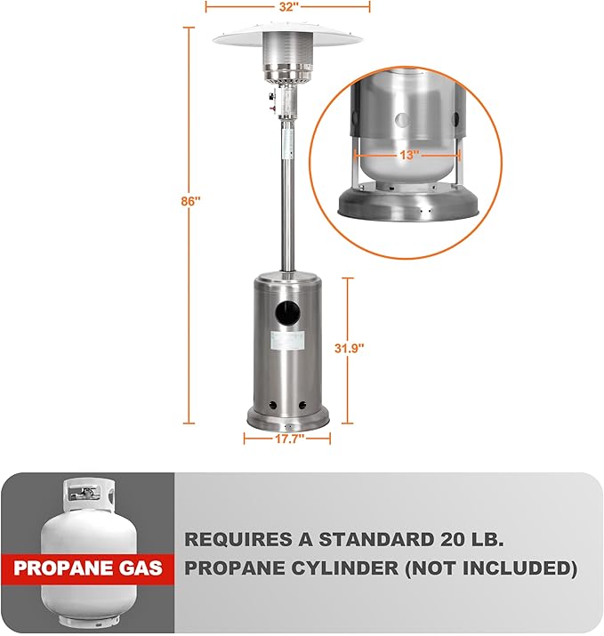 Nuu Garden Outdoor Propane Patio Heater, 46,000 BTU with Stainless Steel Propane Gas Patio Heater and Wheels, Silver for Garden and Terrace