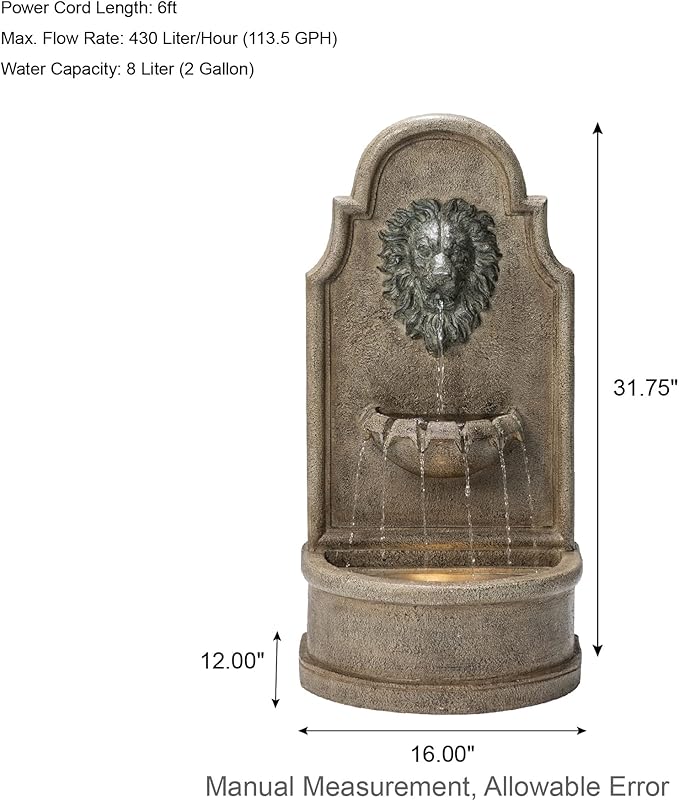 Glitzhome 3-Tier Outdoor Water Fountain with LED Light, Oversized Vintage European Style Lion Head Waterfall Fountains, Rustic Faux Granite Fountain for Garden Patio Deck Porch, 31.75”H