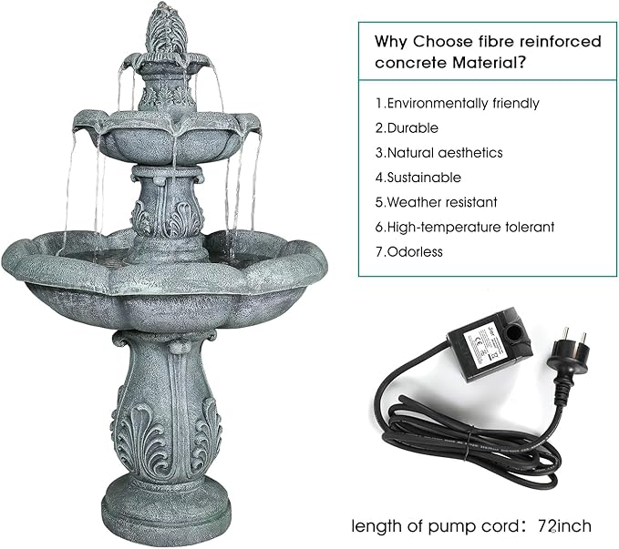 SunJet 48" High 3-Tiers Modern Concrete Outdoor Water Fountain - Round Large Outdoor Fountains and Waterfalls for Garden, Patio, Yard, and Deck Decor, Featuring Natural Stone Look (Grey, 48 inch)