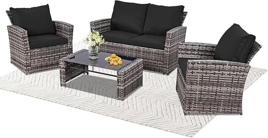 FHFO Oversized 4 Piece Outdoor Patio Furniture Set,Wicker Conversation Sets Outdoor Sectional Patio Sofa Couch with Cushions & Coffee Table for Outside, Garden, Balcony, Porch, Grey/Black