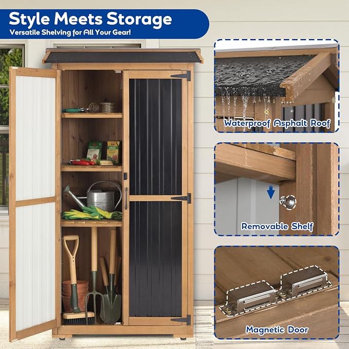 Storage Cabinet Outdoor Garage Cabinets with 3 Adjustable Shelves, Lockable Door, Wood & Metal Weather-Resistant Pantry Cabinet for Patio Garden Home Farm (33.3" Lx 21" Wx 69" H) - Image 4