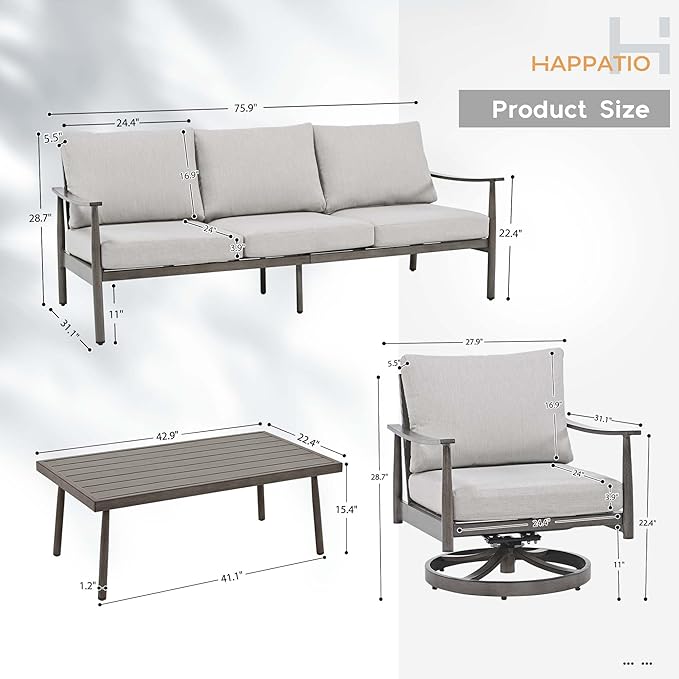 HAPPATIO Patio Outdoor Furniture Set - 4 Piece Aluminum Patio Conversation Set with 1 Coffee Table, 2 Swivel Chairs and 1 Three-Seater Sofa, Aluminum Outdoor Furniture Set for Backyard Poolside (Grey)