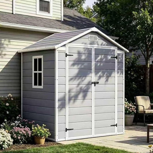 Devoko 6 x 4 FT Plastic Outdoor Storage Shed with Floor, Resin Tool Shed with Window, Outside Waterproof Garden Shed with Lockable Door for Patio, Backyard, Poolside, Light Grey by DEVOKO