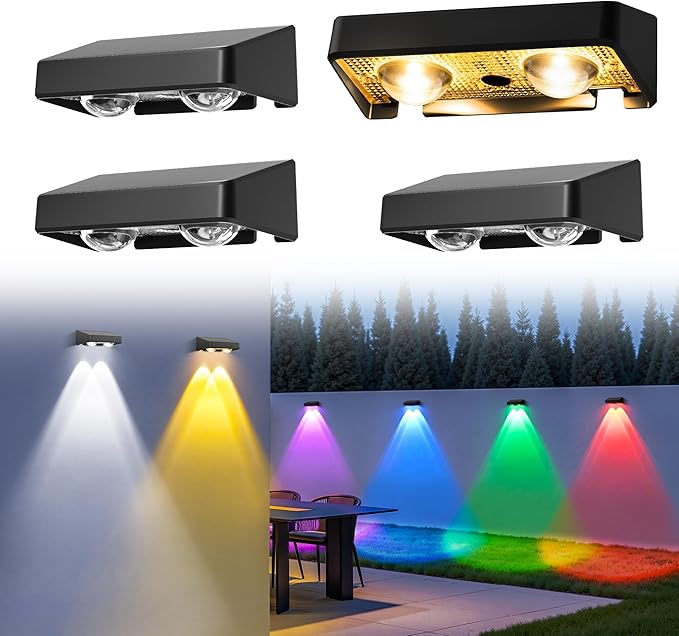 Solar Fence Lights Outdoor,50 LM 11 Modes & 9 Colors Solar Lights with Brighter LED Focus Lens Waterproof IP65 for Wall Backyard Deck Patio Porch Step Railings Pool Decor???4 Pack???