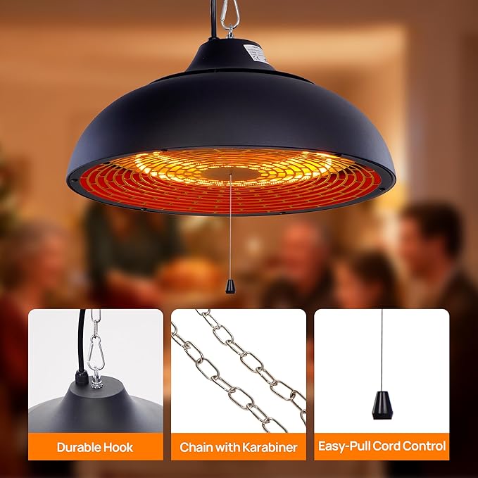Hanging Patio Heater, Ceiling Mounted, Electric Patio Heater, Built in Temperature Control, Suit for Outdoor/Indoor, Garage, Greenhouse, 600W/900W/1500W