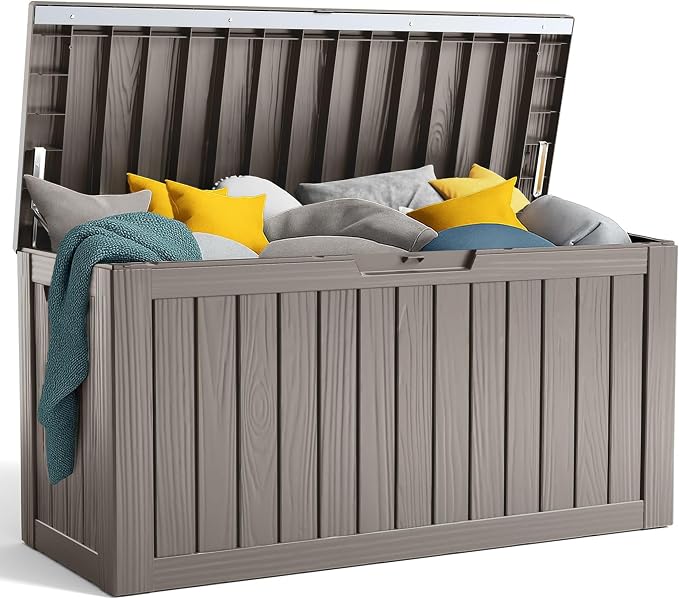 PatioZen 90 Gallon Resin Deck Box, Lockable Patio Outdoor Storage Box for Furniture, Garden Tools and Tools Storage, Waterproof Outside Storage Boxes - Grey by OutdoorLivingPerfected