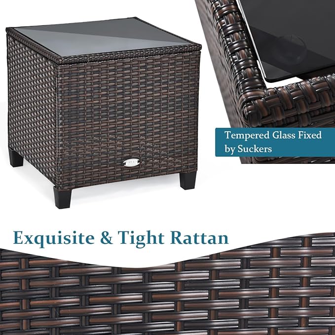 RELAX4LIFE 3 Piece Patio Furniture Set, Wicker Bistro Conversation Set w/2 Cushioned Armchairs & Glass Topped Table, Outdoor Rattan Sofa Set Patio Furniture for Porch Balcony Poolside (Peacock Blue)