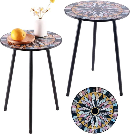 Party Zealot Metal Mosaic Round Side Tables Set of Two 13.4" Small Outdoor Patio Round Accent Coffee Tables Indoor Corner Stand for Small Spaces Weather-Resistant for Balcony Plant Stand by PartyZealot