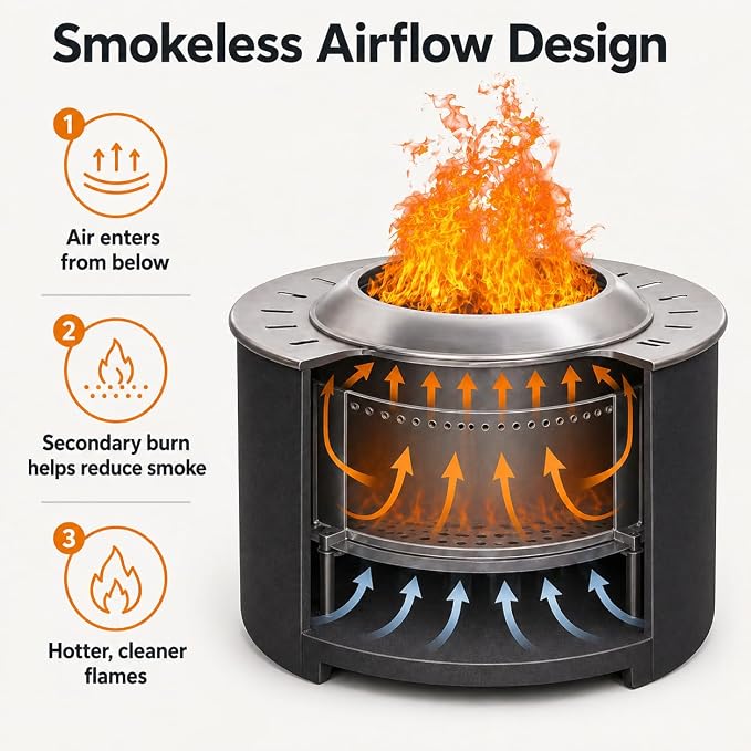 Afterglow Smokeless Fire Pit, 20.5" Round Wood Burning Stainless Steel Top & TerraFab Base, Firepit with Weather Cover Perfect for Outdoor Patio Garden, Dark Grey - Image 3