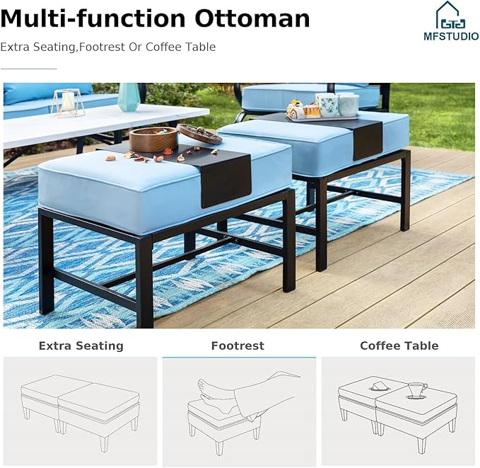 MFSTUDIO 5 Pieces Patio Conversation Sets,Outdoor Metal Furniture Sofas with 1 x 3-Seat Sofa, 2 x Sofa Chairs,2 x Ottoman,Wrought Iron Frame with Blue Cushion for Patio Courtyard Balcony