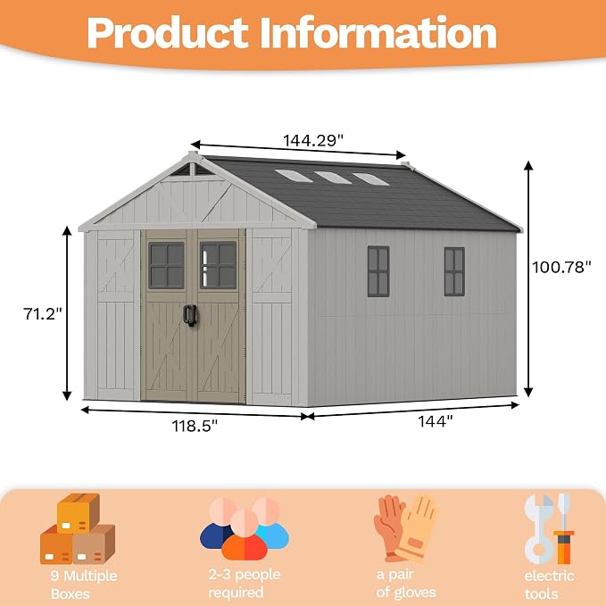 Devoko 10x12 FT Resin Outdoor Storage Shed with Floor, Large Plastic Garden Shed with Windows & Lockable Door, Multipurpose Tool Storage Shed for Patio Backyard Lawn, Beige - Image 2
