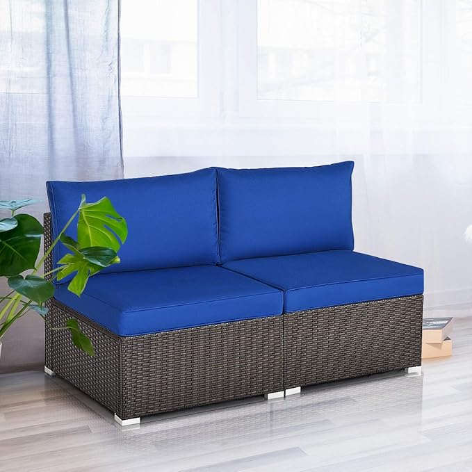Tangkula 2 PCS Outdoor Wicker Armless Sofa, Patio Rattan Sectional Sofa Set w/2 Thick Seat Cushions and 2 Back Cushions, Additional Seats for Balcony Garden Patio Poolside (Navy Blue)